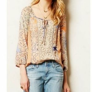 Meadow Rue Anthropologie Bobbin Lace Yoke Sheer Blouse Top Size Small